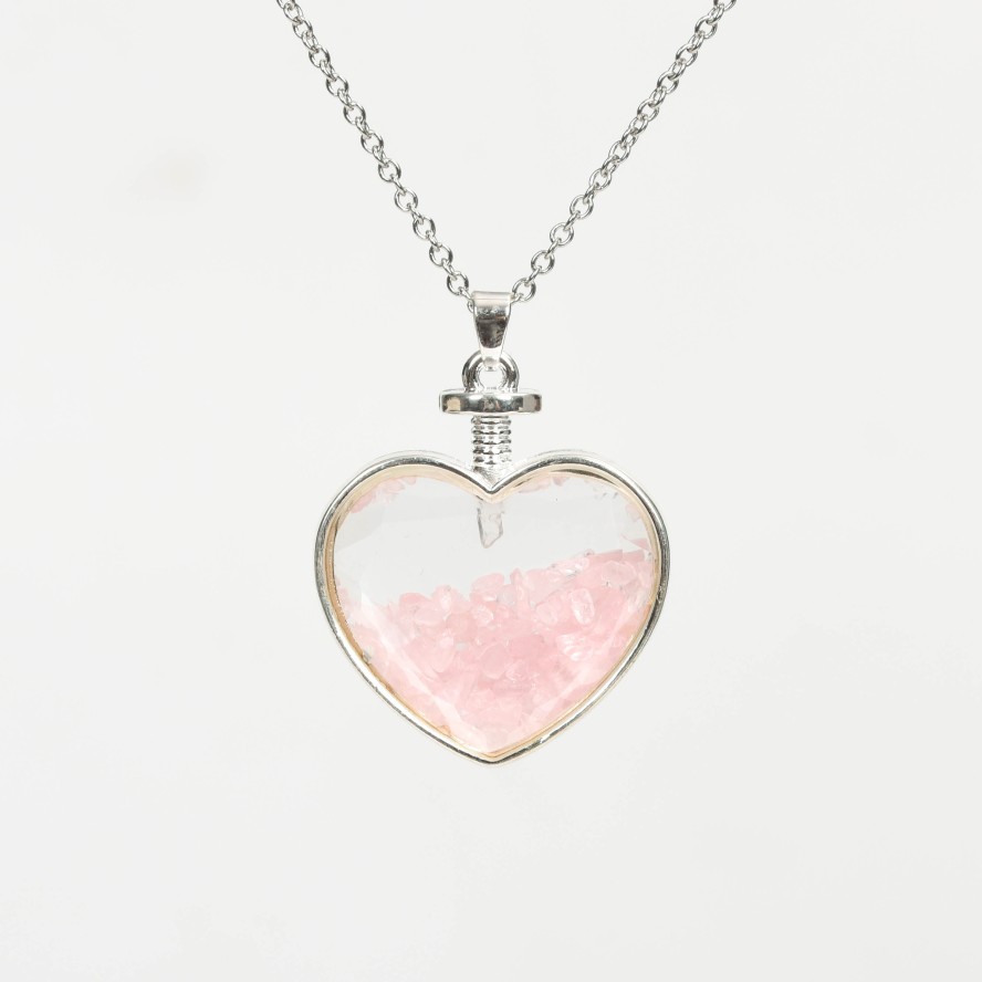 Crystal Chips In Heart Glass Pendant Necklace